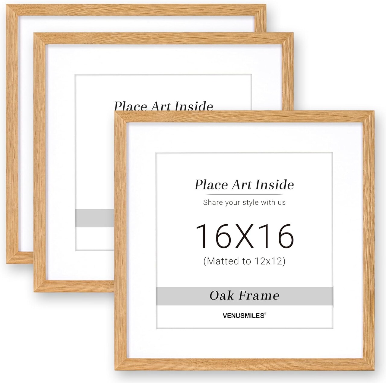 16x16 Oak Picture Frame with 12x12 White Mat, Tempered Glass, Natural Oak Wood Frame, Vertical and Horizontal Display for Wall and Table, Display Photos Arts Posters Certificates, Set of 3